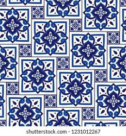 Delft dutch tile pattern seamless vector with vintage ornaments. Portuguese azulejos, mexican talavera, italian sicily majolica, spanish ceramic. Mosaic texture for kitchen wall or bathroom floor.