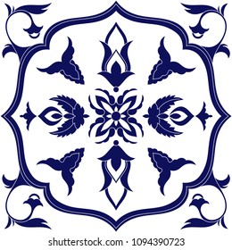 Delft dutch tile pattern vector seamless with ornaments. Portuguese azulejo, mexican talavera, spanish or italian majolica. Tiled texture element for ceramic kitchen floor or mosaic bathroom wall.