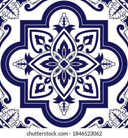 Delft dutch tile pattern vector seamless with ceramic ornament. Mexican talavera, portuguese azulejos, italian sicily or spanish majolica. Vintage texture for bathroom wall or kitchen floor.