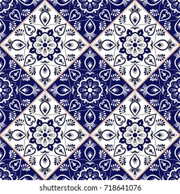 Delft dutch tile pattern vector with blue and white flower ornaments. Portuguese azulejo, mexican puebla talavera, spanish or italian majolica. Tiled texture for kitchen or bathroom flooring ceramic.