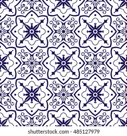 Delft dutch tiles pattern vector with blue and white ornaments. Portuguese azulejo, mexican, spanish, arabic or moroccan motifs. Tiled background for wallpaper, surface texture, wrapping or fabric.