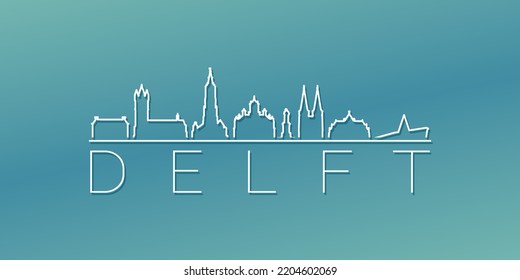 Delft, Netherlands Skyline Linear Design. Flat City Illustration Minimal Clip Art. Background Gradient Travel Vector Icon.