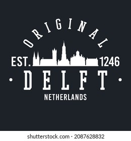 Delft, Netherlands Skyline Original. A Logotype Sports College and University Style. Illustration Design Vector City.