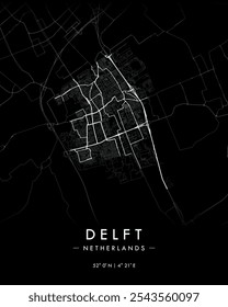 Delft mapa vetorial em tema escuro. Mapa detalhado de Delft em Países Baixos. Melhor ilustração de vetor livre. Mapa de rua decorativo turístico.