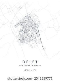 Mapa de vetor de Delft. Mapa detalhado de Delft em Países Baixos. Melhor ilustração de vetor livre. Mapa de rua decorativo turístico.