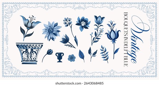 Delfts blauw. Conjunto de elementos lineares graciosos (botânicos, fantasia) estilizados para a época do início do século XVIII. Ilustrações digitais vetoriais em um plano de fundo colorido com texto.