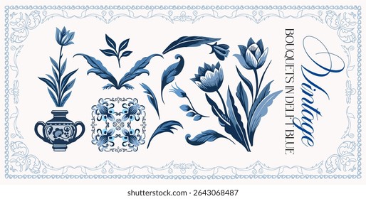 Delfts blauw. Conjunto de elementos lineares graciosos (botânicos, fantasia) estilizados para a época do início do século XVIII. Ilustrações digitais vetoriais em um plano de fundo colorido com texto.