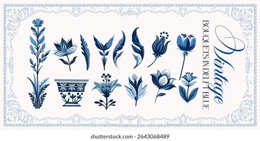 Delfts blauw. Conjunto de elementos lineares graciosos (botânicos, fantasia) estilizados para a época do início do século XVIII. Ilustrações digitais vetoriais em um plano de fundo colorido com texto.