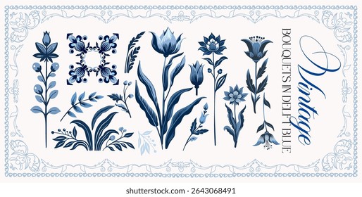 Delfts blauw. Conjunto de elementos lineares graciosos (botânicos, fantasia) estilizados para a época do início do século XVIII. Ilustrações digitais vetoriais em um plano de fundo colorido com texto.