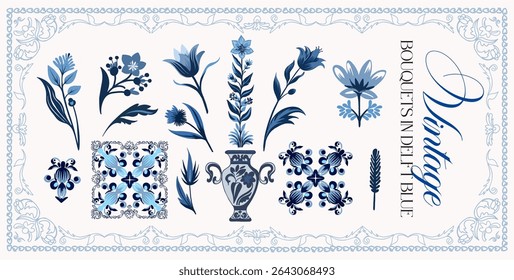 Delfts blauw. Conjunto de elementos lineares graciosos (botânicos, fantasia) estilizados para a época do início do século XVIII. Ilustrações digitais vetoriais em um plano de fundo colorido com texto.