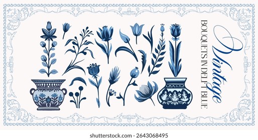 Delfts blauw. Conjunto de elementos lineares graciosos (botânicos, fantasia) estilizados para a época do início do século XVIII. Ilustrações digitais vetoriais em um plano de fundo colorido com texto.