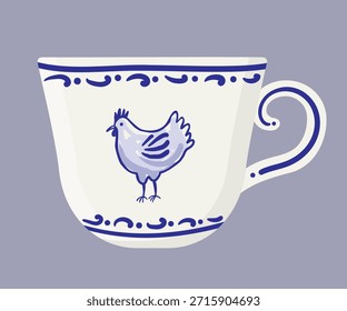 Delfter Keramikbecher mit bemalten Hühnern.