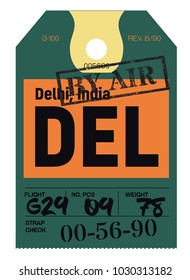 Delhi airport luggage tag. Realistic looking tag with stamp and information written by hand. Design element for creative professionals.