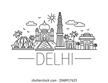 Delhi cartoon doodle illustration. Delhi cartoon drawing. Modern style Delhi city illustration. Hand sketched poster, banner, postcard, card template for travel company, T-shirt, shirt. Vector EPS 10.