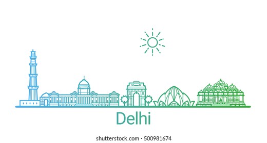 Delhi city colored gradient line. All Delhi buildings - customizable objects with opacity mask, so you can simple change composition and background fill. Line art.