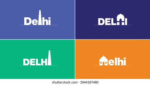 Delhi. Delhi City Flat Vector Logo Design With Iconic Places. 