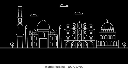 Delhi city silhouette skyline. India - Delhi city vector city, indian linear architecture, buildings. Delhi city travel illustration, outline landmarks. India flat icons, indian line banner