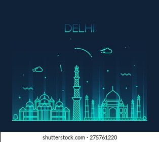 Delhi City skyline detailed silhouette. Trendy vector illustration, line art style.