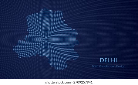 Mapa punteado estilizado de la ciudad de Delhi en el concepto moderno de visualización de tecnología de datos circular.