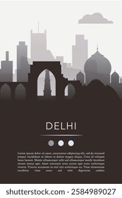 Delhi city template for website, presentation, front page, invitation, publication sheet with skyline, landmarks. Vector India image layout, simple and grayscale