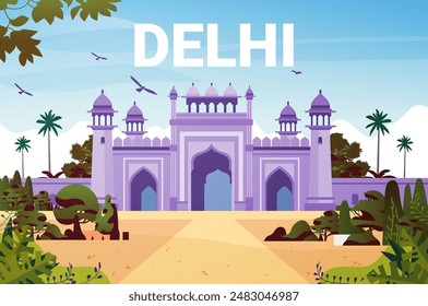 Stadtbild von Delhi mit historischem Denkmal umgeben von Bäumen und Vögeln am Himmel