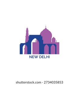 Delhi cityscape, skyline, panoramic vector logo, icon, clipart. India city emblem contour with landmarks and buildings silhouettes