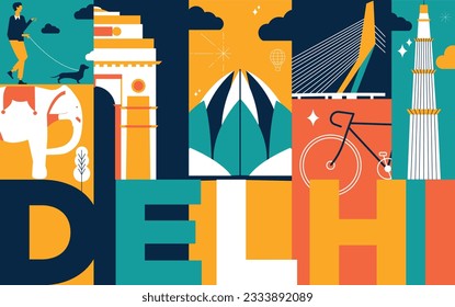 Delhi culture travel set, famous architectures and specialties in flat design. Business travel and tourism concept clipart. Image for presentation, banner, website, advert, flyer, roadmap, icons