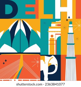 Delhi culture travel set, famous architectures and specialties in flat design. Business travel and tourism concept clipart. Image for presentation, banner, website, advert, flyer, roadmap, icons