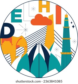 Delhi culture travel set, famous architectures and specialties in flat design. Business travel and tourism concept clipart. Image for presentation, banner, website, advert, flyer, roadmap, icons