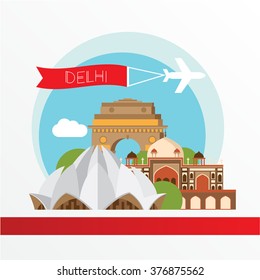 Delhi, detailed silhouette. Trendy vector illustration, flat style. Stylish colorful  landmarks. The concept for a web banner. Lotus temple - The symbol of India, Delhi.