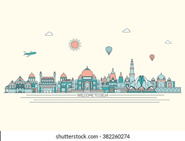 Delhi detailed skyline. Travel and tourism background. Vector background. line illustration. Line art style