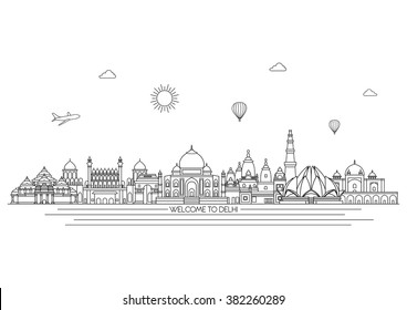 Delhi detailed skyline. Travel and tourism background. Vector background. line illustration. Line art style