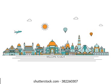 Delhi detailed skyline. Travel and tourism background. Vector background. line illustration. Line art style