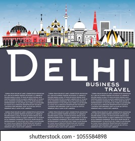 Delhi India City Skyline with Color Buildings, Blue Sky and Copy Space. Vector Illustration. Business Travel and Tourism Concept with Historic Architecture. Delhi Cityscape with Landmarks.