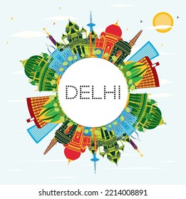 Delhi India City Skyline with Color Buildings, Blue Sky and Copy Space. Vector Illustration. Business Travel and Tourism Concept with Historic Architecture. Delhi Cityscape with Landmarks.