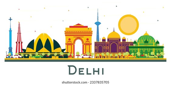 Delhi India City Skyline with Color Buildings Isolated on White. Vector Illustration. Business Travel and Tourism Concept with Historic Architecture. Cityscape with Landmarks.