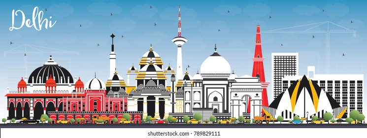 Delhi India City Skyline with Color Buildings and Blue Sky. Vector Illustration. Business Travel and Tourism Concept with Historic Architecture. Delhi Cityscape with Landmarks.