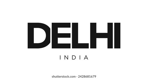 Delhi in the India emblem for print and web. Design features geometric style, vector illustration with bold typography in modern font. Graphic slogan lettering isolated on white background.