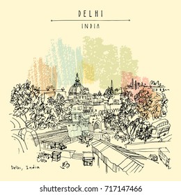Delhi, India. Hand drawn sketch of St. James church, historical Anglican church with a dome (one of the oldest churches in Delhi), and Kashmiri Gate. Travel art. Vintage hand drawn postcard in vector