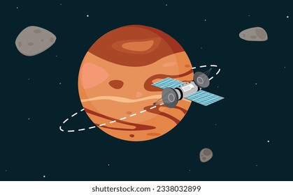 Delhi, India - July 27, 2023: Mars Mission of India Illustration with Orbiter Revolving Around Mars Planet - Mangalyaan in Space Concept 