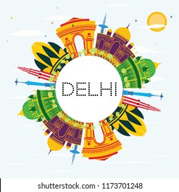 Delhi India Skyline with Color Buildings, Blue Sky and Copy Space. Vector Illustration. Business Travel and Tourism Concept with Historic Architecture. Delhi Cityscape with Landmarks.