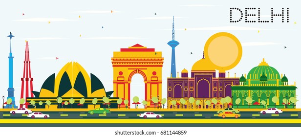 Delhi India Skyline with Color Buildings and Blue Sky. Vector Illustration. Business Travel and Tourism Concept with Historic Architecture. Image for Presentation Banner Placard and Web Site.