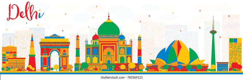 Delhi India Skyline with Color Buildings. Vector Illustration. Business Travel and Tourism Concept with Historic Architecture. Image for Presentation, Banner, Placard.