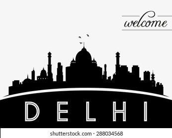 Delhi, India skyline silhouette black vector design on white background.