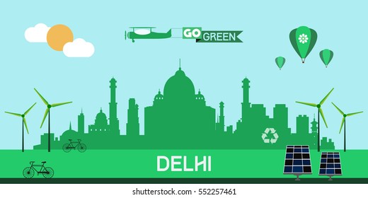 Delhi India skyline silhouette flat design vector, green city concept