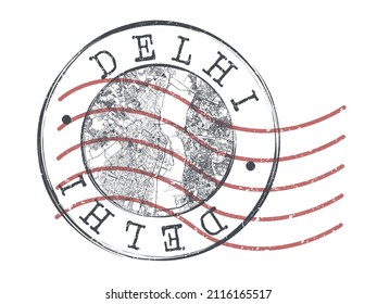 Delhi, India Stamp Map Postal. Silhouette Seal Roads and Streets. Passport Round Design. Vector Icon. Design Retro Travel National Symbol.