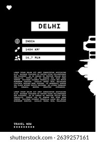Delhi, India vector infographics, brochure black and white layout. Guide, leaflet, flyer, graphic template with text, information, skyline contour. Page, festival, cover mock up image