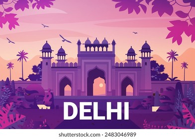 Delhi landmark at sunset with palm trees birds and vibrant foliage