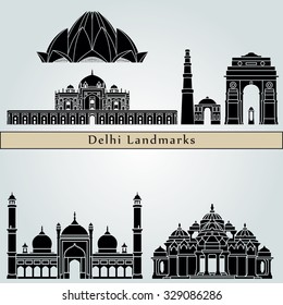 Delhi Landmarks And Monuments Isolated On Blue Background In Editable Vector File