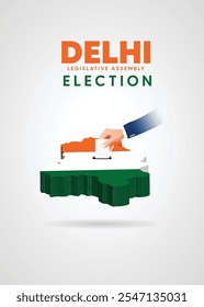 Delhi Legislative assembly election 2025 hand putting vote in 3d map vector poster